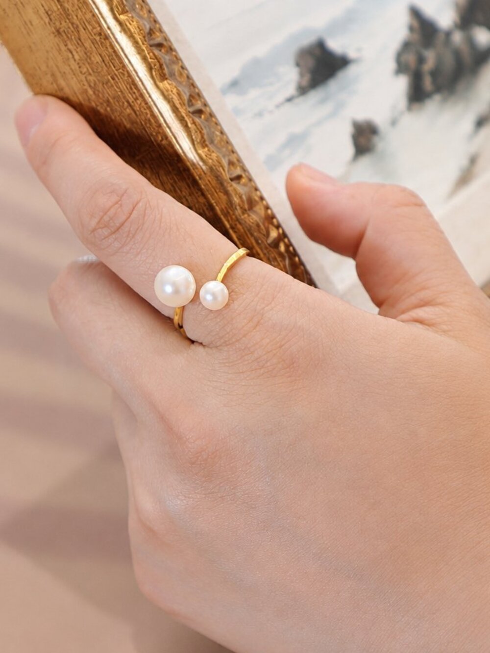 Freshwater Pearl Ring 925 Sterling Silver 18K Gold Plated Adjustable Open Ring